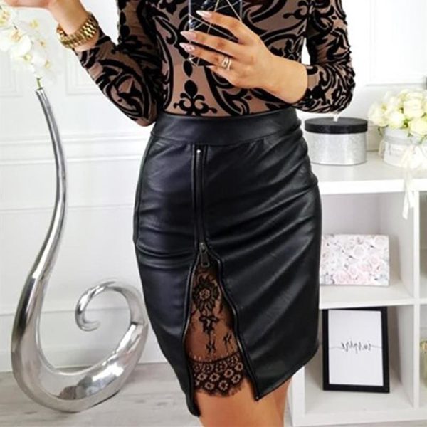 The Best OL Formal Lace Patchwork Bodycon Skirts High Waist Zipper PU Leather Skirts Online - Hplify