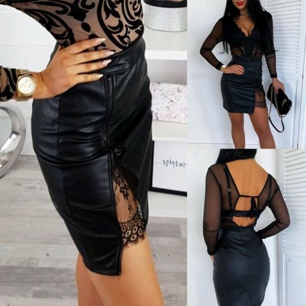 The Best OL Formal Lace Patchwork Bodycon Skirts High Waist Zipper PU Leather Skirts Online - Hplify