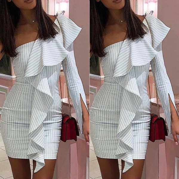 The Best One Shoulder Ruffle Striped Bodycon Dress Ladies Evening Party Short Mini Dresses Online - Hplify