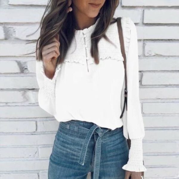 The Best Plus Size Fashion Women Ladies Summer Casual Long Sleeve Loose Blouse Holiday New Chiffon Solid Blouse Shirt Tops Online - Hplify