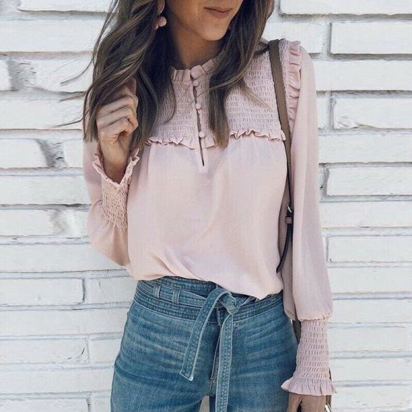 The Best Plus Size Fashion Women Ladies Summer Casual Long Sleeve Loose Blouse Holiday New Chiffon Solid Blouse Shirt Tops Online - Hplify