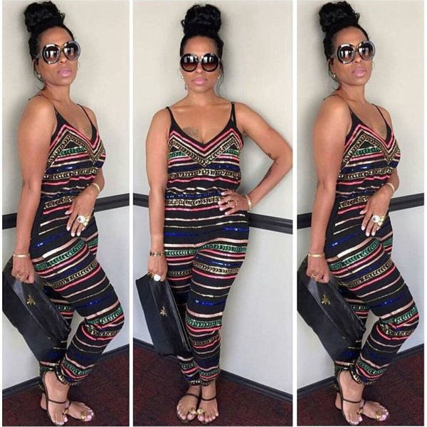The Best Plus Size Fashion Women Laides Stripe Sleeveless V-neck Romper Trousers Holiday New Summer Beach Print Jumpsuit Online - Hplify