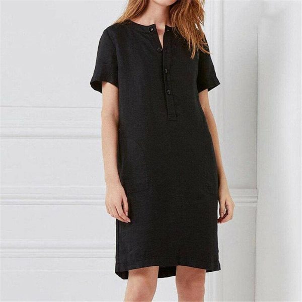 The Best Plus Size Fashion Women Summer Solid O Neck Short Sleeve Cotton Linen Casual Pocket Loose T Shirt Top Women Maxi Dress Sundress Online - Hplify