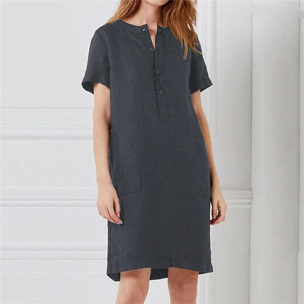 The Best Plus Size Fashion Women Summer Solid O Neck Short Sleeve Cotton Linen Casual Pocket Loose T Shirt Top Women Maxi Dress Sundress Online - Hplify