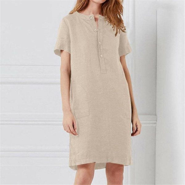 The Best Plus Size Fashion Women Summer Solid O Neck Short Sleeve Cotton Linen Casual Pocket Loose T Shirt Top Women Maxi Dress Sundress Online - Hplify