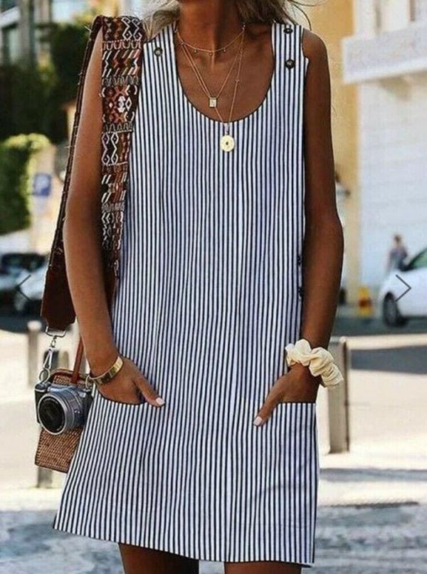 The Best Plus Size Women Boho Stripe Short Mini Dress Party Evening Summer Beach Holiday Pocket Sleeveless Loose Casual Dress Sundress Online - Hplify