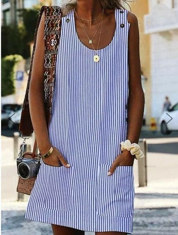 The Best Plus Size Women Boho Stripe Short Mini Dress Party Evening Summer Beach Holiday Pocket Sleeveless Loose Casual Dress Sundress Online - Hplify