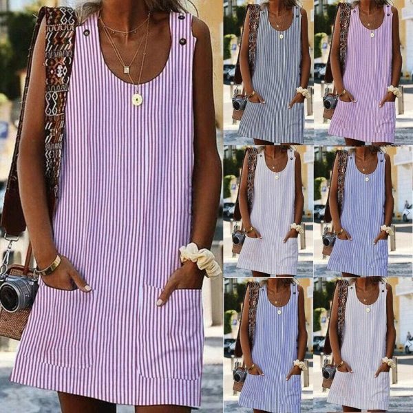 The Best Plus Size Women Boho Stripe Short Mini Dress Party Evening Summer Beach Holiday Pocket Sleeveless Loose Casual Dress Sundress Online - Hplify