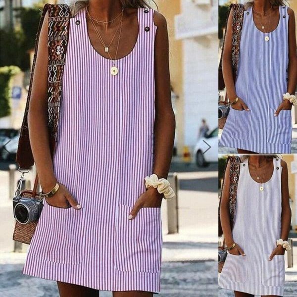 The Best Plus Size Women Boho Stripe Short Mini Dress Party Evening Summer Beach Holiday Pocket Sleeveless Loose Casual Dress Sundress Online - Hplify