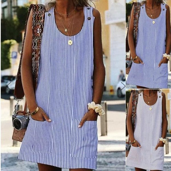 The Best Plus Size Women Boho Stripe Short Mini Dress Party Evening Summer Beach Holiday Pocket Sleeveless Loose Casual Dress Sundress Online - Hplify