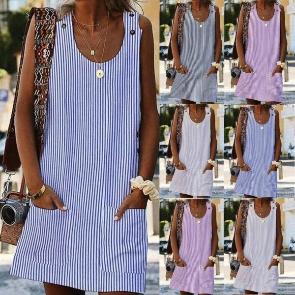The Best Plus Size Women Boho Stripe Short Mini Dress Party Evening Summer Beach Holiday Pocket Sleeveless Loose Casual Dress Sundress Online - Hplify