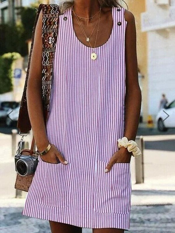 The Best Plus Size Women Boho Stripe Short Mini Dress Party Evening Summer Beach Holiday Pocket Sleeveless Loose Casual Dress Sundress Online - Hplify