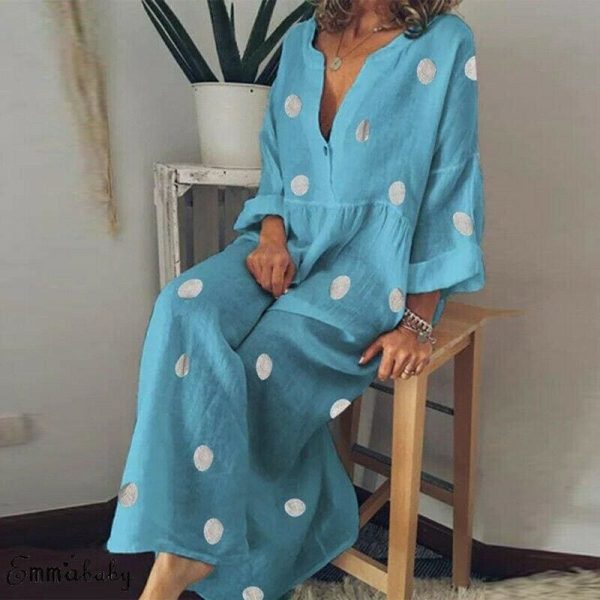 The Best Plus Size Women Boho V-neck Long Shirt Dress Ladies Long Sleeve Casual Summer Holiday Polka Dot Loose Maxi Dress Online - Hplify