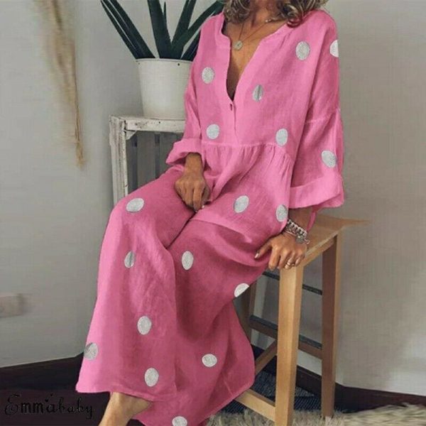 The Best Plus Size Women Boho V-neck Long Shirt Dress Ladies Long Sleeve Casual Summer Holiday Polka Dot Loose Maxi Dress Online - Hplify