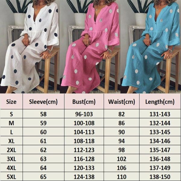The Best Plus Size Women Boho V-neck Long Shirt Dress Ladies Long Sleeve Casual Summer Holiday Polka Dot Loose Maxi Dress Online - Hplify