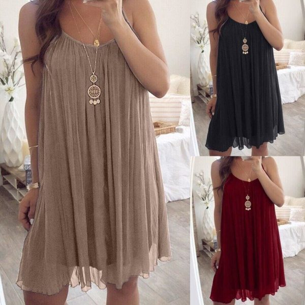 The Best Plus Size Women Chiffon Summer Casual Sleeveless Dress New Fashion Solid Strappy Beach Sundress Short Dress Online - Hplify