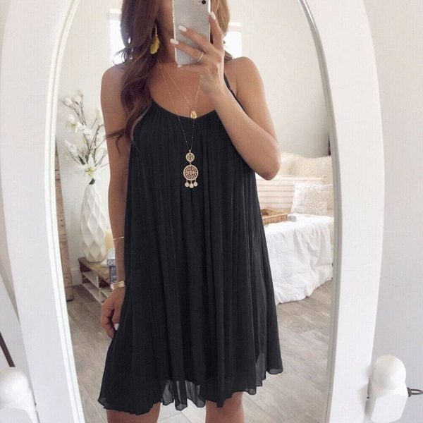 The Best Plus Size Women Chiffon Summer Casual Sleeveless Dress New Fashion Solid Strappy Beach Sundress Short Dress Online - Hplify
