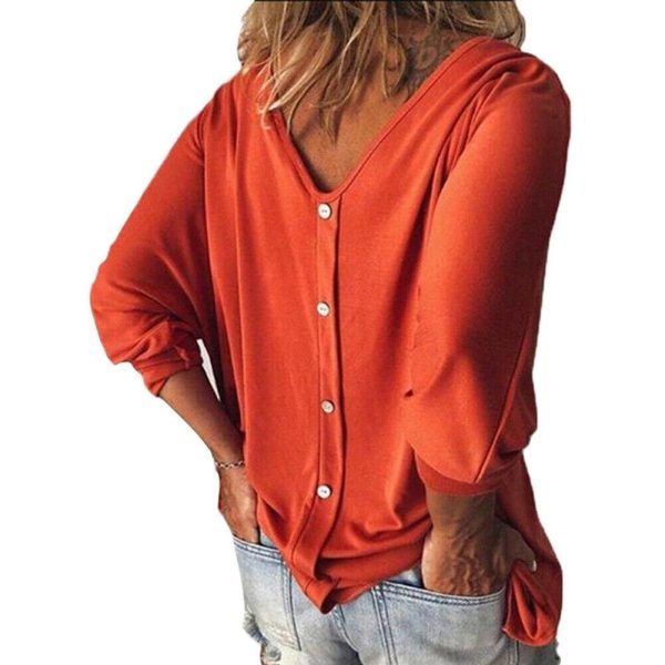The Best Plus Size Women Loose Long Sleeve Pullover Tops Shirt Ladies Casual V Neck Back Buttons Tops Shirts Tees New Fashion Style Online - Hplify