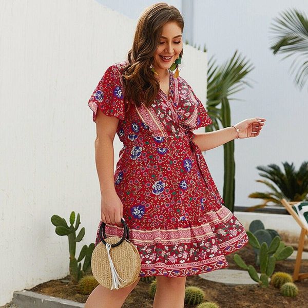 The Best Plus Size Women Short Sleeve Wrap Boho Floral Mini Dress Fashion Ladies Summer Sundress Casual V Neck Holiday Beach Clothes Online - Hplify