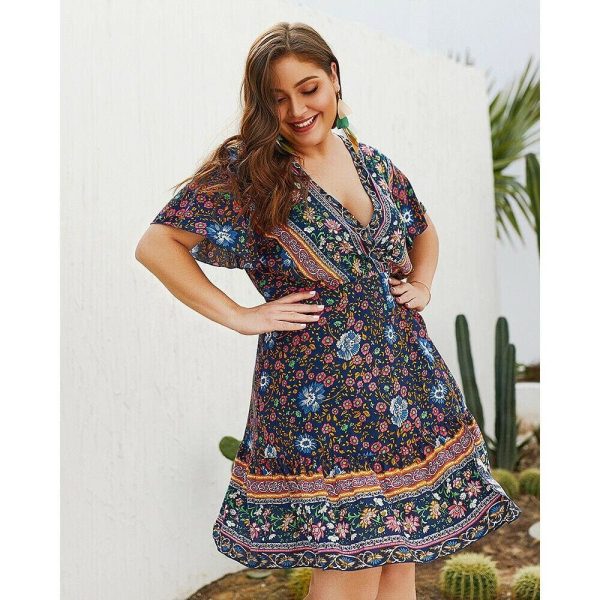 The Best Plus Size Women Short Sleeve Wrap Boho Floral Mini Dress Fashion Ladies Summer Sundress Casual V Neck Holiday Beach Clothes Online - Hplify
