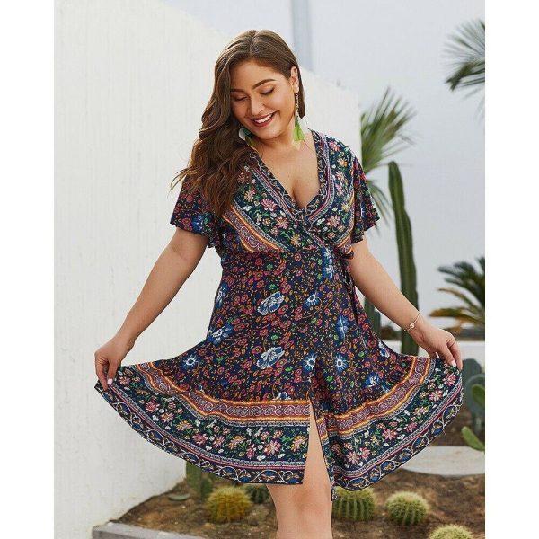 The Best Plus Size Women Short Sleeve Wrap Boho Floral Mini Dress Fashion Ladies Summer Sundress Casual V Neck Holiday Beach Clothes Online - Hplify