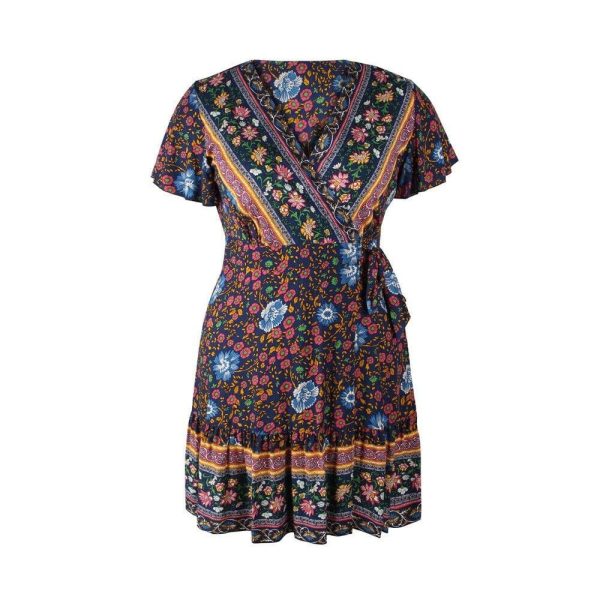 The Best Plus Size Women Short Sleeve Wrap Boho Floral Mini Dress Fashion Ladies Summer Sundress Casual V Neck Holiday Beach Clothes Online - Hplify