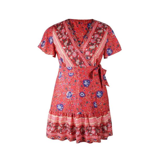 The Best Plus Size Women Short Sleeve Wrap Boho Floral Mini Dress Fashion Ladies Summer Sundress Casual V Neck Holiday Beach Clothes Online - Hplify