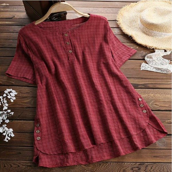The Best Plus Size Women Summer Button Crew Neck Blouses Loose Baggy Tops Tunic Shirts Ladies Casual Solid Short Sleeve Blouse Online - Hplify