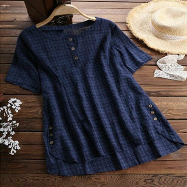 The Best Plus Size Women Summer Button Crew Neck Blouses Loose Baggy Tops Tunic Shirts Ladies Casual Solid Short Sleeve Blouse Online - Hplify