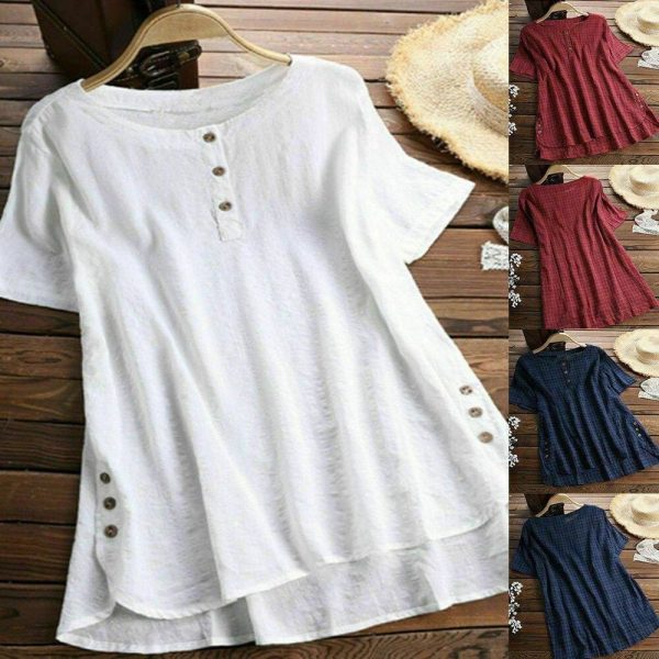 The Best Plus Size Women Summer Button Crew Neck Blouses Loose Baggy Tops Tunic Shirts Ladies Casual Solid Short Sleeve Blouse Online - Hplify