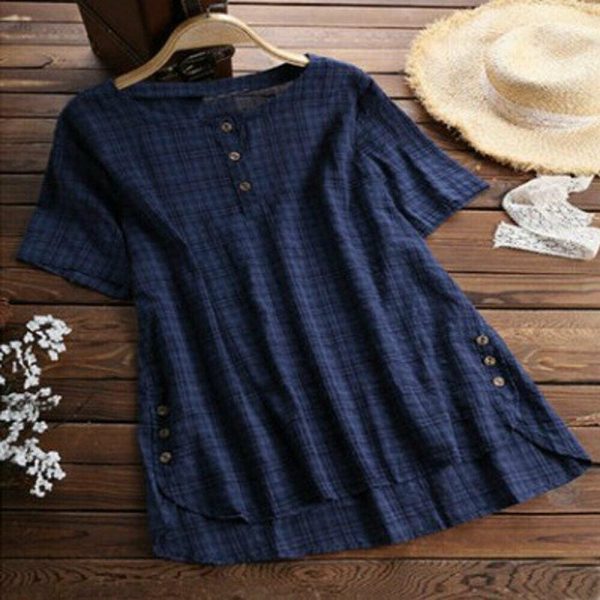 The Best Plus Size Women Summer Button Crew Neck Blouses Loose Baggy Tops Tunic Shirts Ladies Casual Solid Short Sleeve Blouse Online - Hplify