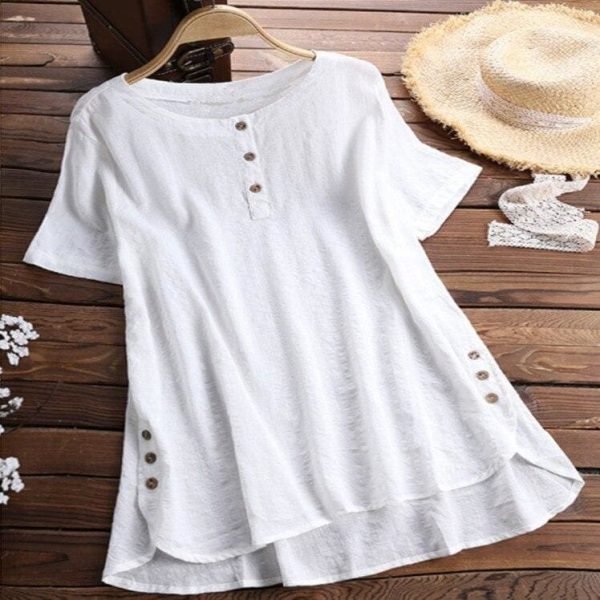 The Best Plus Size Women Summer Button Crew Neck Blouses Loose Baggy Tops Tunic Shirts Ladies Casual Solid Short Sleeve Blouse Online - Hplify