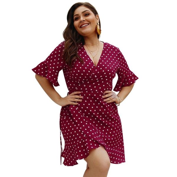 The Best Plus Size Women Summer High Waist Polka Dot Boho Beach Dress New Fashion Ladies Beach Dress Casual Short Sleeve V-Neck Sundress Online - Hplify