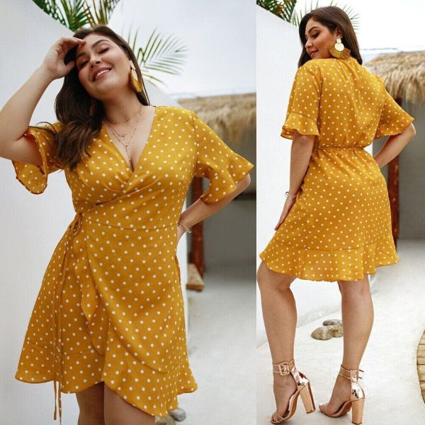 The Best Plus Size Women Summer High Waist Polka Dot Boho Beach Dress New Fashion Ladies Beach Dress Casual Short Sleeve V-Neck Sundress Online - Hplify