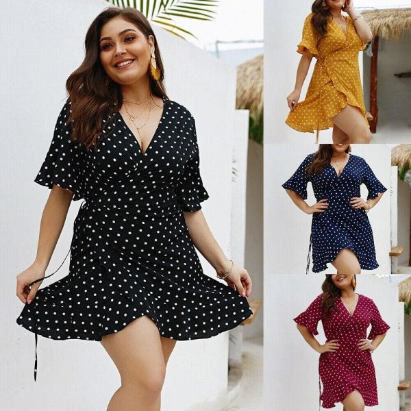 The Best Plus Size Women Summer High Waist Polka Dot Boho Beach Dress New Fashion Ladies Beach Dress Casual Short Sleeve V-Neck Sundress Online - Hplify