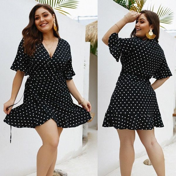 The Best Plus Size Women Summer High Waist Polka Dot Boho Beach Dress New Fashion Ladies Beach Dress Casual Short Sleeve V-Neck Sundress Online - Hplify
