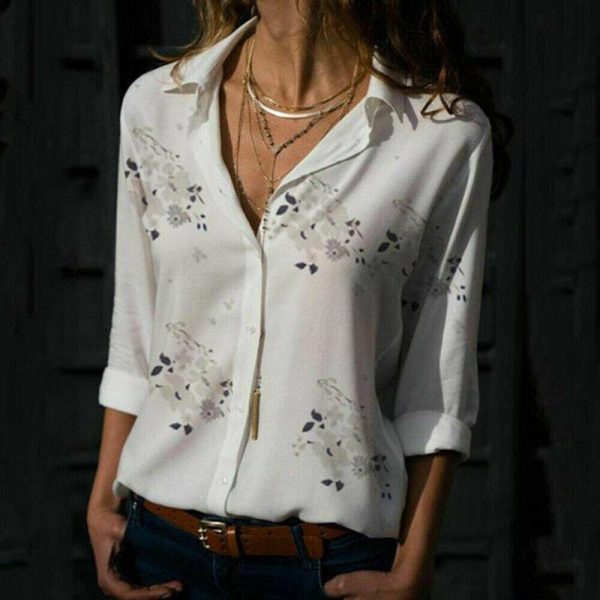 The Best Plus Size Women's Summer Floral Long Sleeve Button V-Neck Shirts Ladies Casual Loose Office Work Blouse Tops Online - Hplify