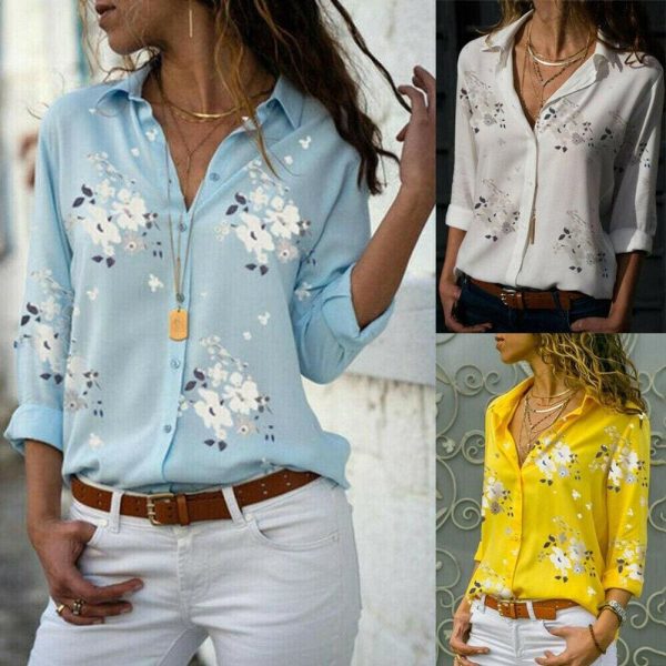 The Best Plus Size Women's Summer Floral Long Sleeve Button V-Neck Shirts Ladies Casual Loose Office Work Blouse Tops Online - Hplify