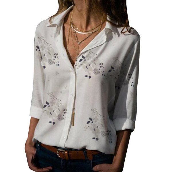 The Best Plus Size Women's Summer Floral Long Sleeve Button V-Neck Shirts Ladies Casual Loose Office Work Blouse Tops Online - Hplify