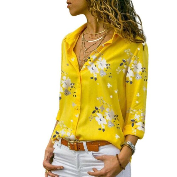 The Best Plus Size Women's Summer Floral Long Sleeve Button V-Neck Shirts Ladies Casual Loose Office Work Blouse Tops Online - Hplify