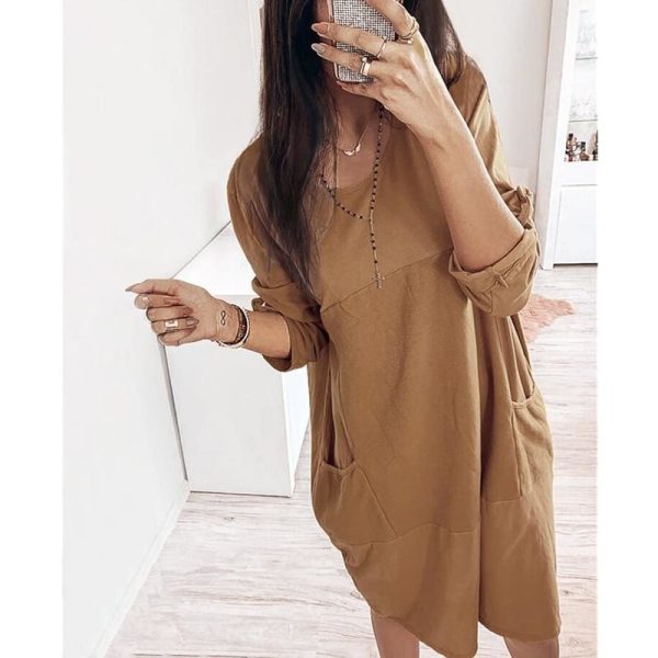 The Best Pocket Casual Dress Women Loose O-Neck Pocket Solid Color Dress Female Vestidos Online - Hplify