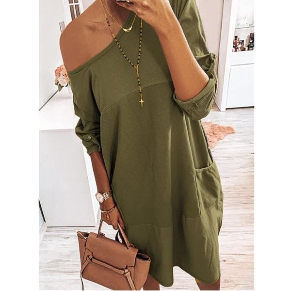 The Best Pocket Casual Dress Women Loose O-Neck Pocket Solid Color Dress Female Vestidos Online - Hplify