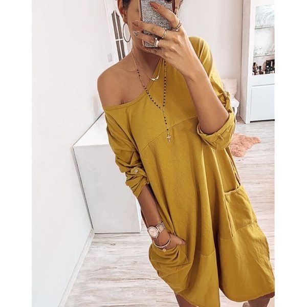 The Best Pocket Casual Dress Women Loose O-Neck Pocket Solid Color Dress Female Vestidos Online - Hplify