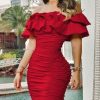 Women Sexy Off Shoulder Ruched Layered Ruffles Bodycon Dress - Hplify