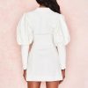 puff sleeve turn down short dress women solid white button designed white dress Autumn party long sleeve vestidos - Hplify