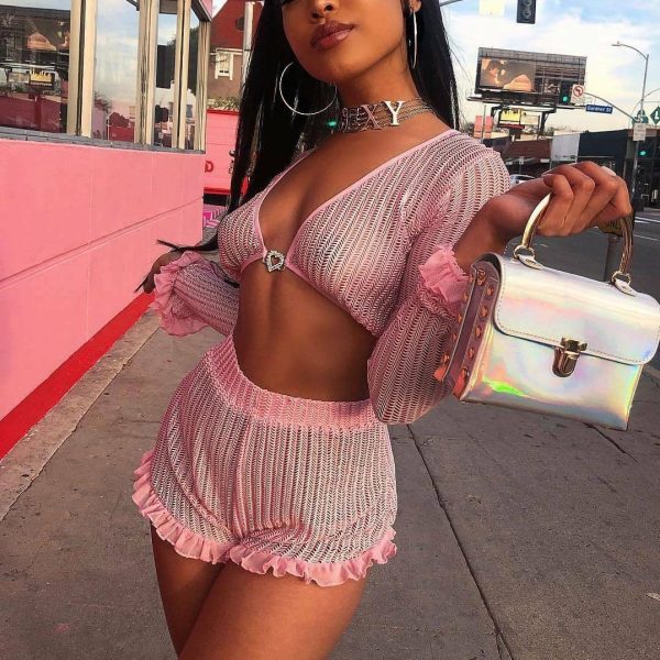 The Best Sequin Sets 2Pcs Hollow Out Long Sleeve Crop Tops + Ruffles Shorts Online - Hplify