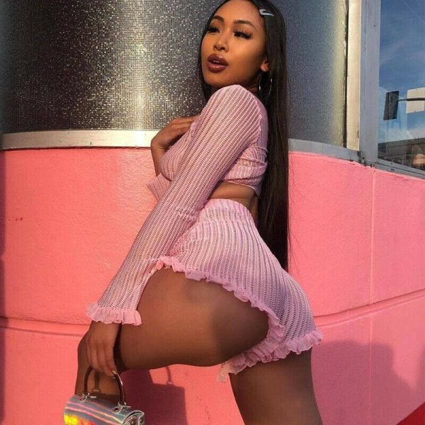 The Best Sequin Sets 2Pcs Hollow Out Long Sleeve Crop Tops + Ruffles Shorts Online - Hplify