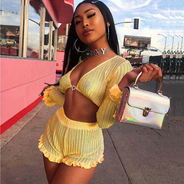 The Best Sequin Sets 2Pcs Hollow Out Long Sleeve Crop Tops + Ruffles Shorts Online - Hplify