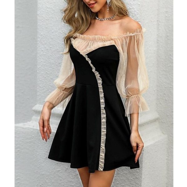 The Best Sexy Off Shoulder Lace Mesh Patchwork Puff Sleeve Casual Mini Dress Online - Hplify