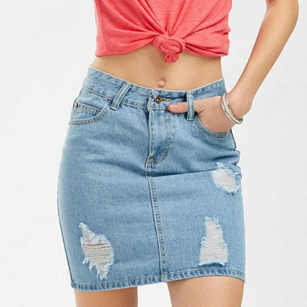 The Best Slim High Waist Ripped Skirt Fashion Ladies Faded Denim Jean Bodycon Short Mini Pencil Skirt Online - Hplify